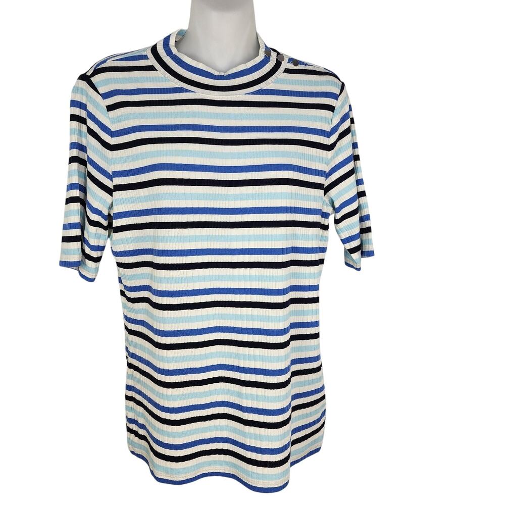 Talbots Top Womens Medium Terrace Stripe Ribbed Mockneck Tee Blue Elbow Sleeve